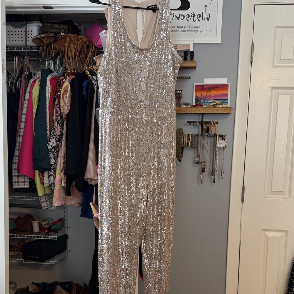 Express Silver Sequin Jumpsuit - image 1